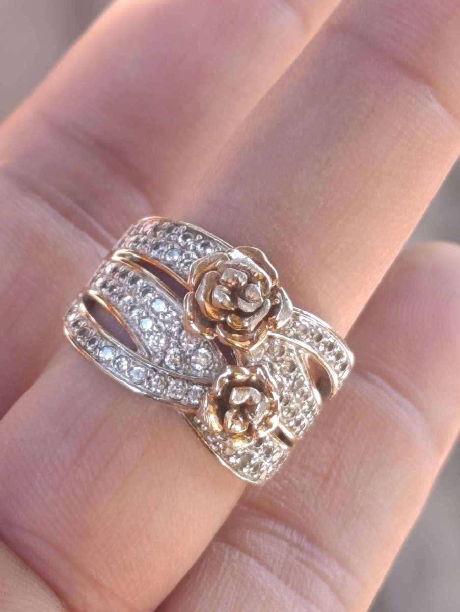 Gold&Sterling Double Rose Studded Vintage Ring