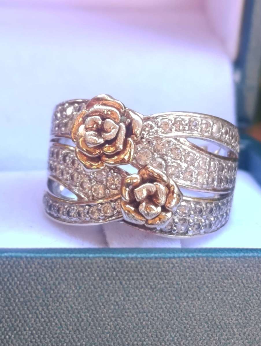 Gold&Sterling Double Rose Studded Vintage Ring