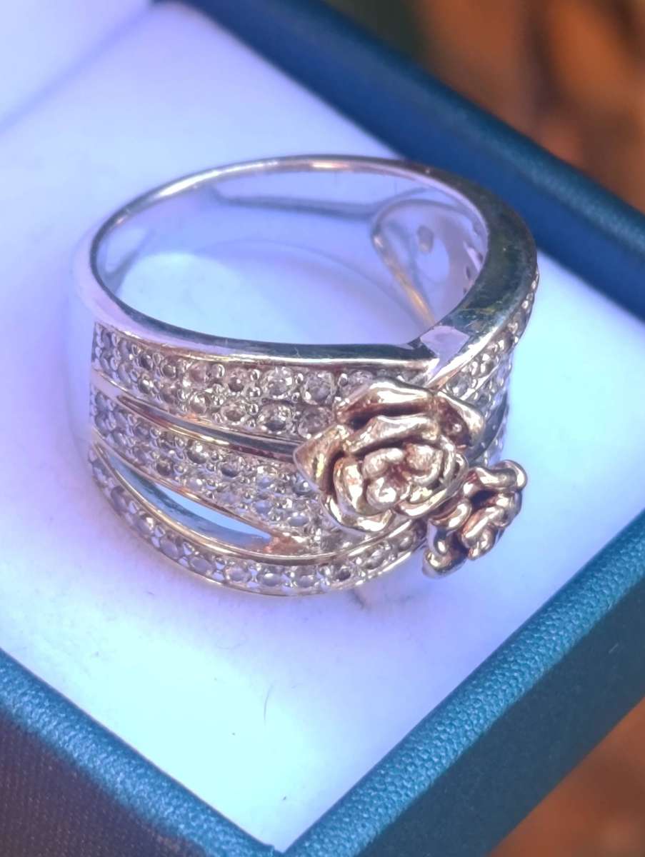 Gold&Sterling Double Rose Studded Vintage Ring