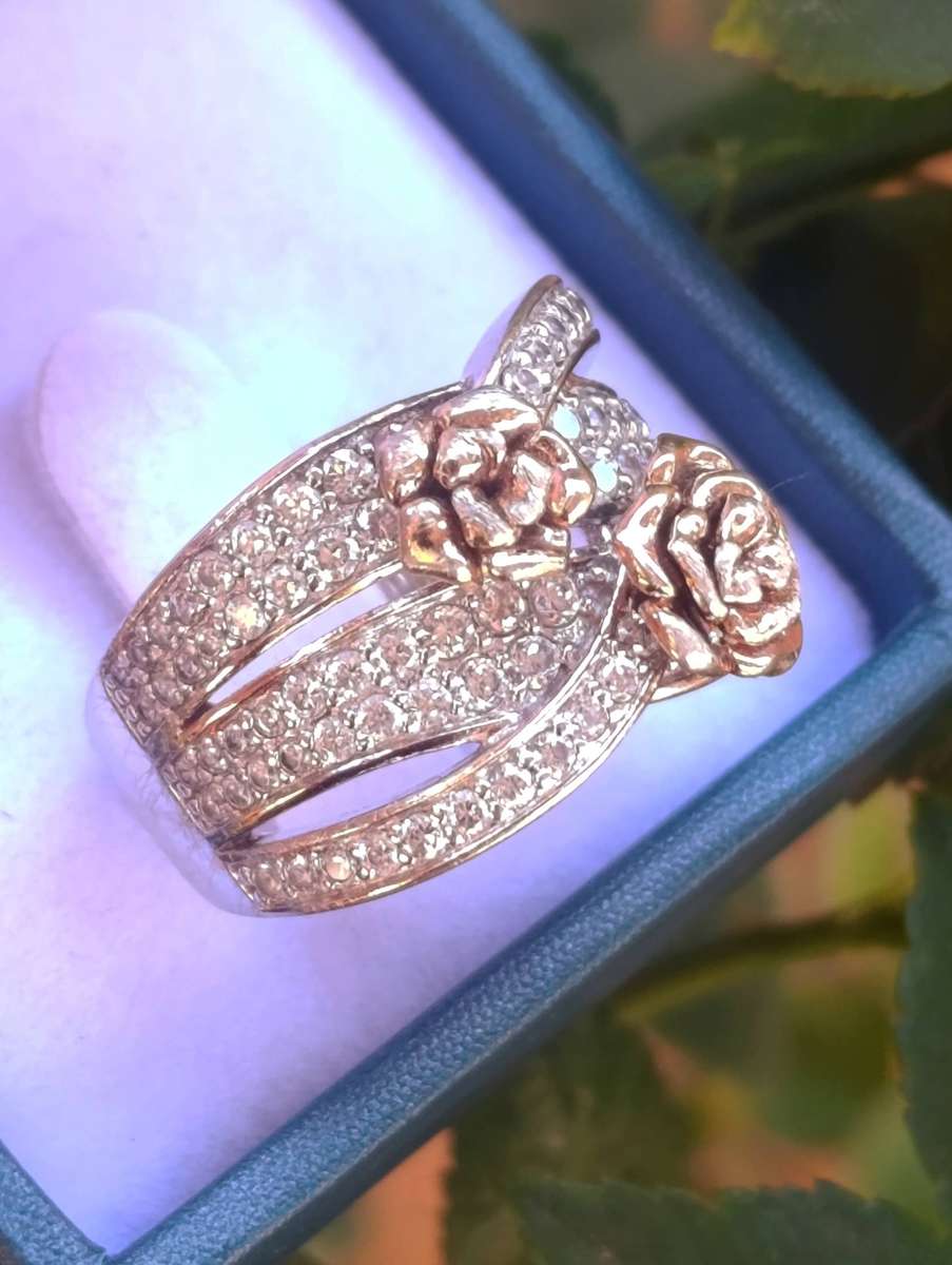 Gold&Sterling Double Rose Studded Vintage Ring