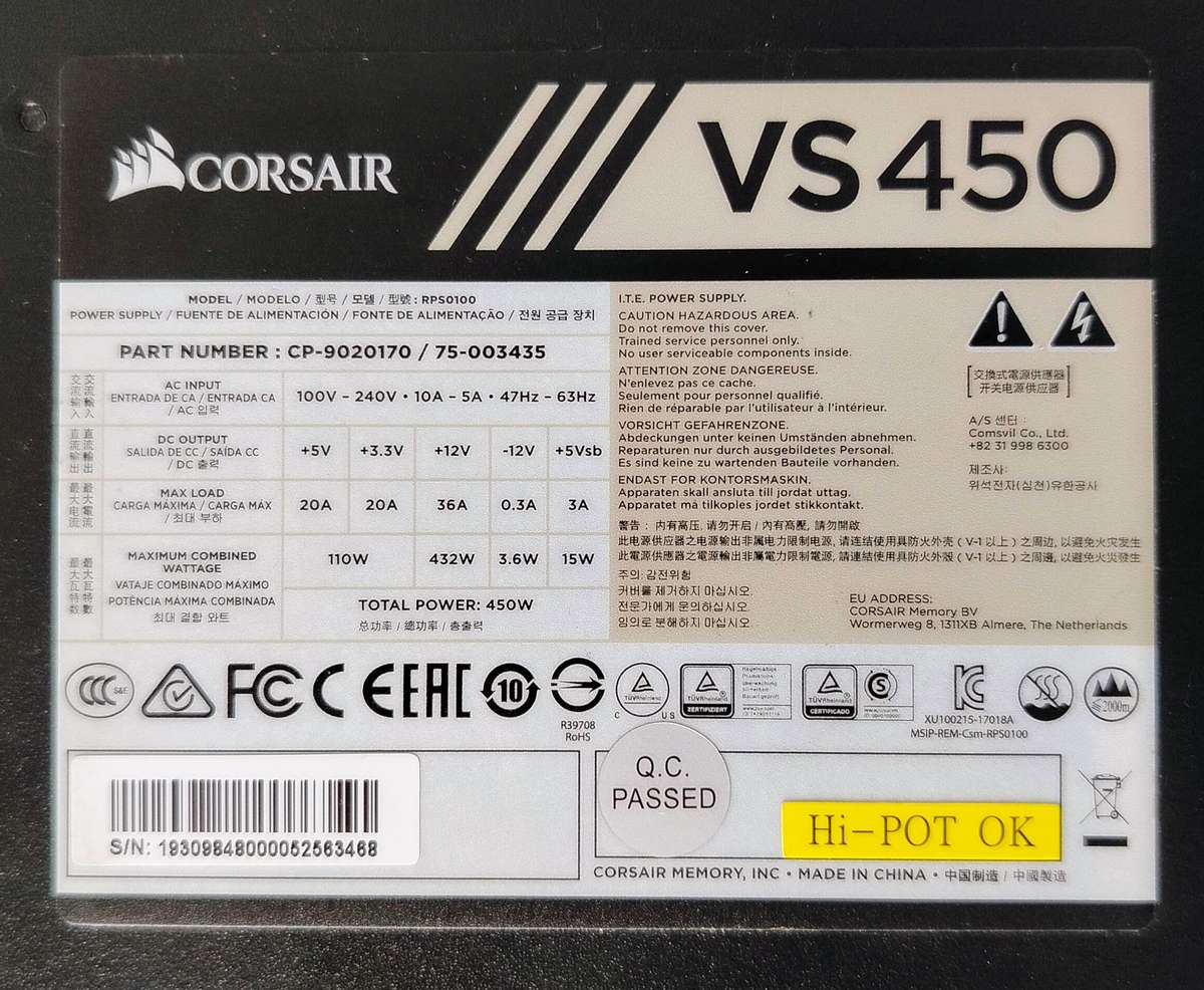 Corsair VS450 80 PLUS ATX Power Supply | Clean and Quiet