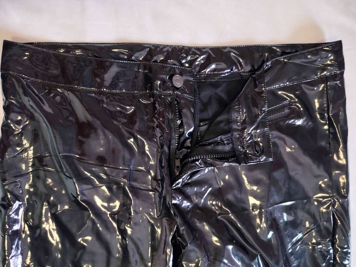 Shiny black PVC pants | Denim Fix | Soft fabric lining | Zip and Button