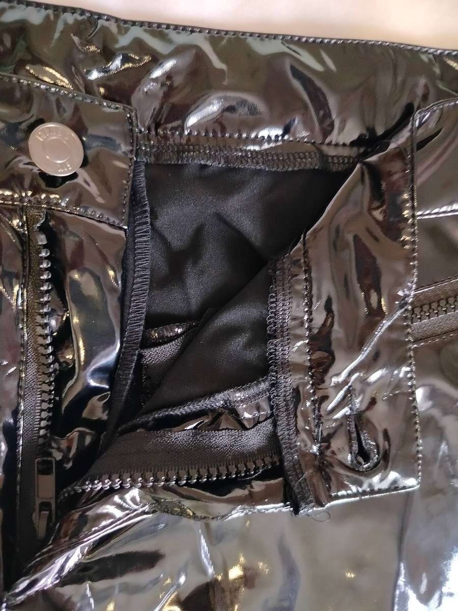 Shiny black PVC pants | Denim Fix | Soft fabric lining | Zip and Button