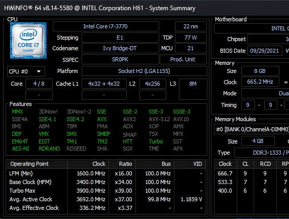 Intel H61M board + Core i7 3770 CPU + 256GB M.2 SSD + 8GB RAM + Windows 11 Pro (activated)