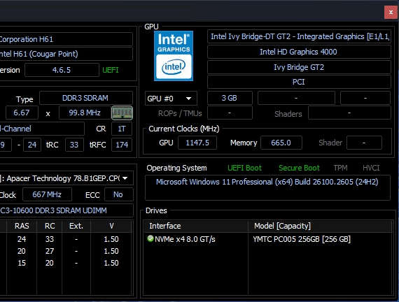 Intel H61M board + Core i7 3770 CPU + 256GB M.2 SSD + 8GB RAM + Windows 11 Pro (activated)