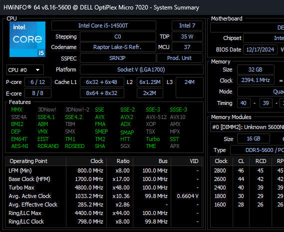 Dell OptiPlex Micro | Core i5-14500T 14C/20T | 32GB DDR5 | 1TB NVMe | Win 11 Pro | Like new !