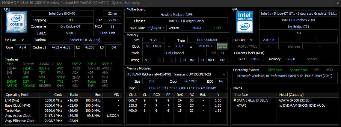 HP Pro i5 up to 3.6GHz | 4GB RAM | Adata SSD | HP DVD | Windows 10 Pro (activated)