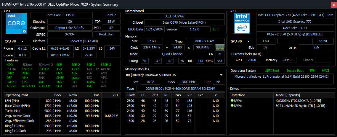 Dell OptiPlex Micro | Core i5-14500T 14C/20T | 32GB DDR5 | 1TB NVMe | Win 11 Pro | Like new !