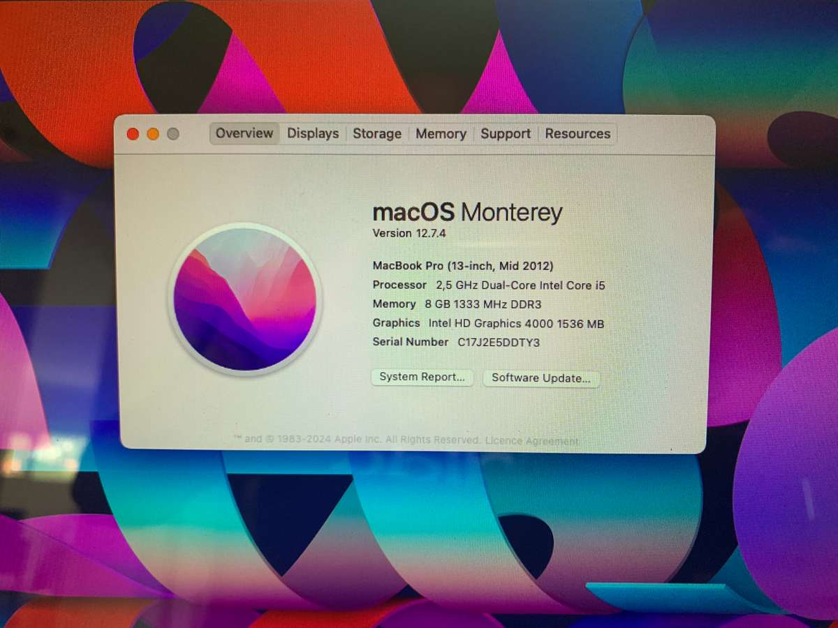 2012 Apple MacBook Pro 13" - Dual Core i5 2.5GHz | 8GB RAM, |500GB HDD | MacOs Monterey