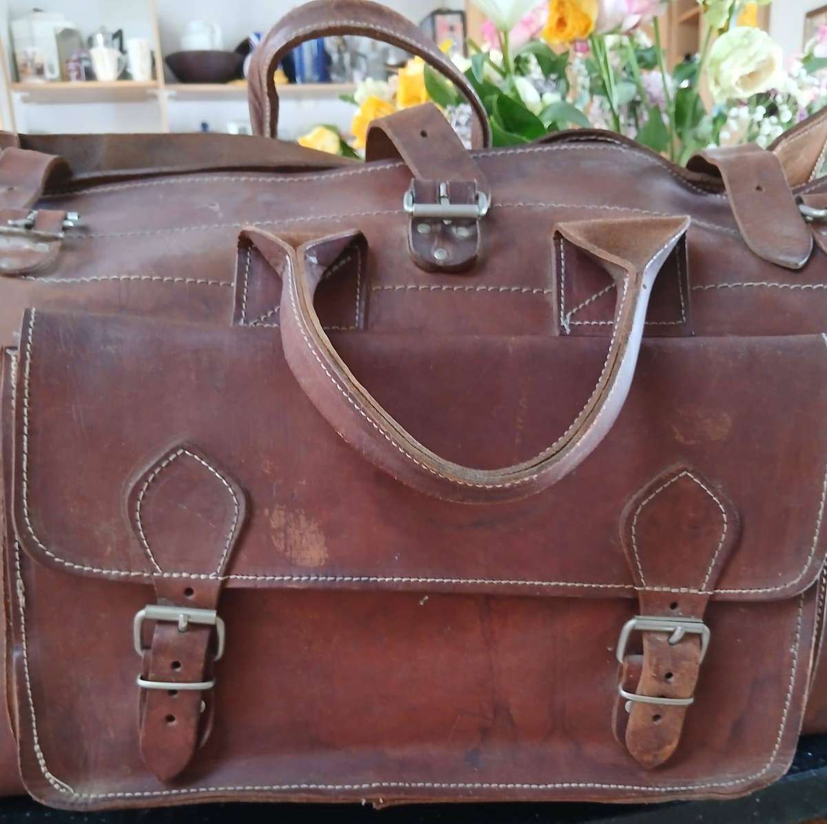 Vintage Tan Leather Travel Bag - Made In Greece