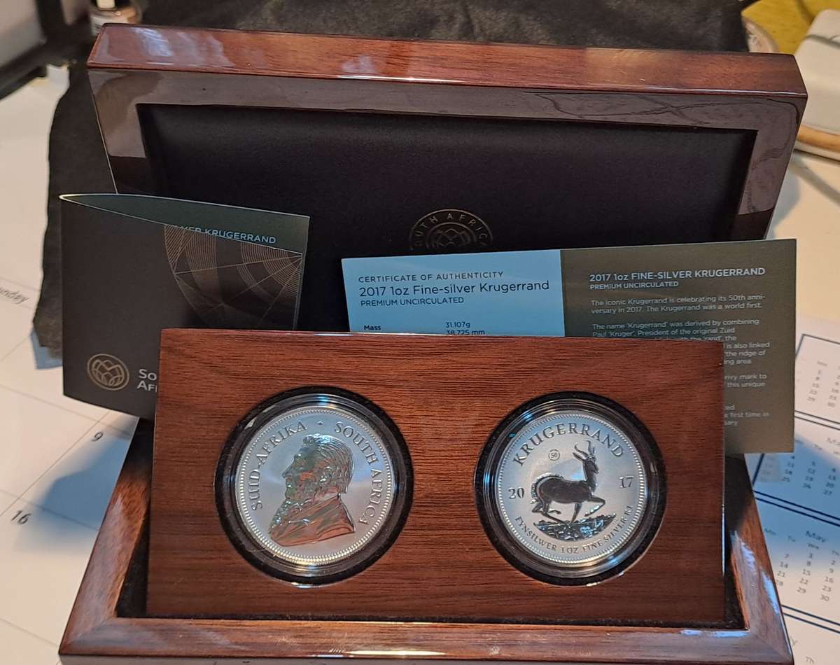Double (2x) Premium UNC 2017 Silver 1 oz Krugerrand 50 yr Privy with Lovely Box, Cert, Capsules