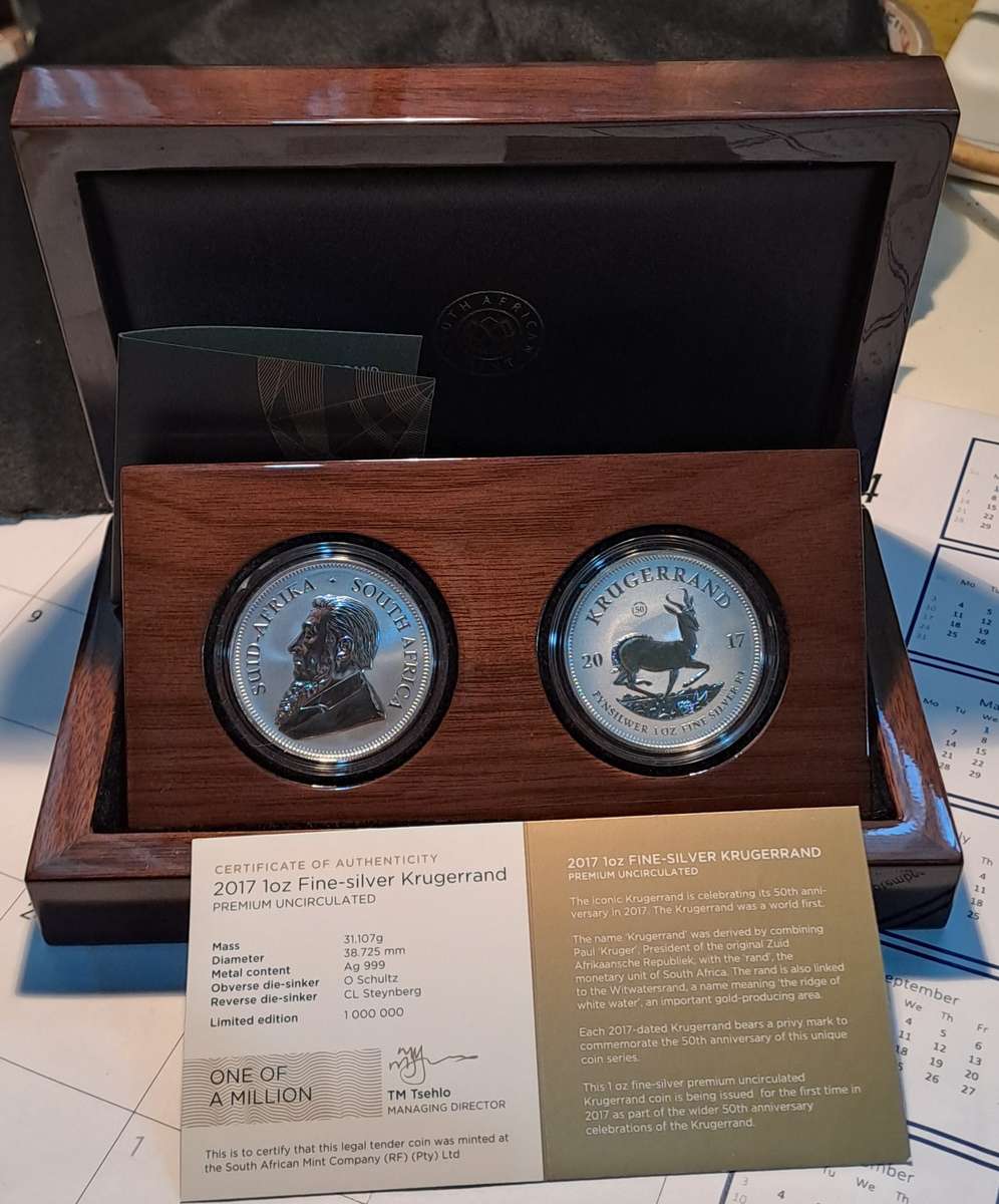 Double (2x) Premium UNC 2017 Silver 1 oz Krugerrand 50 yr Privy with Lovely Box, Cert, Capsules