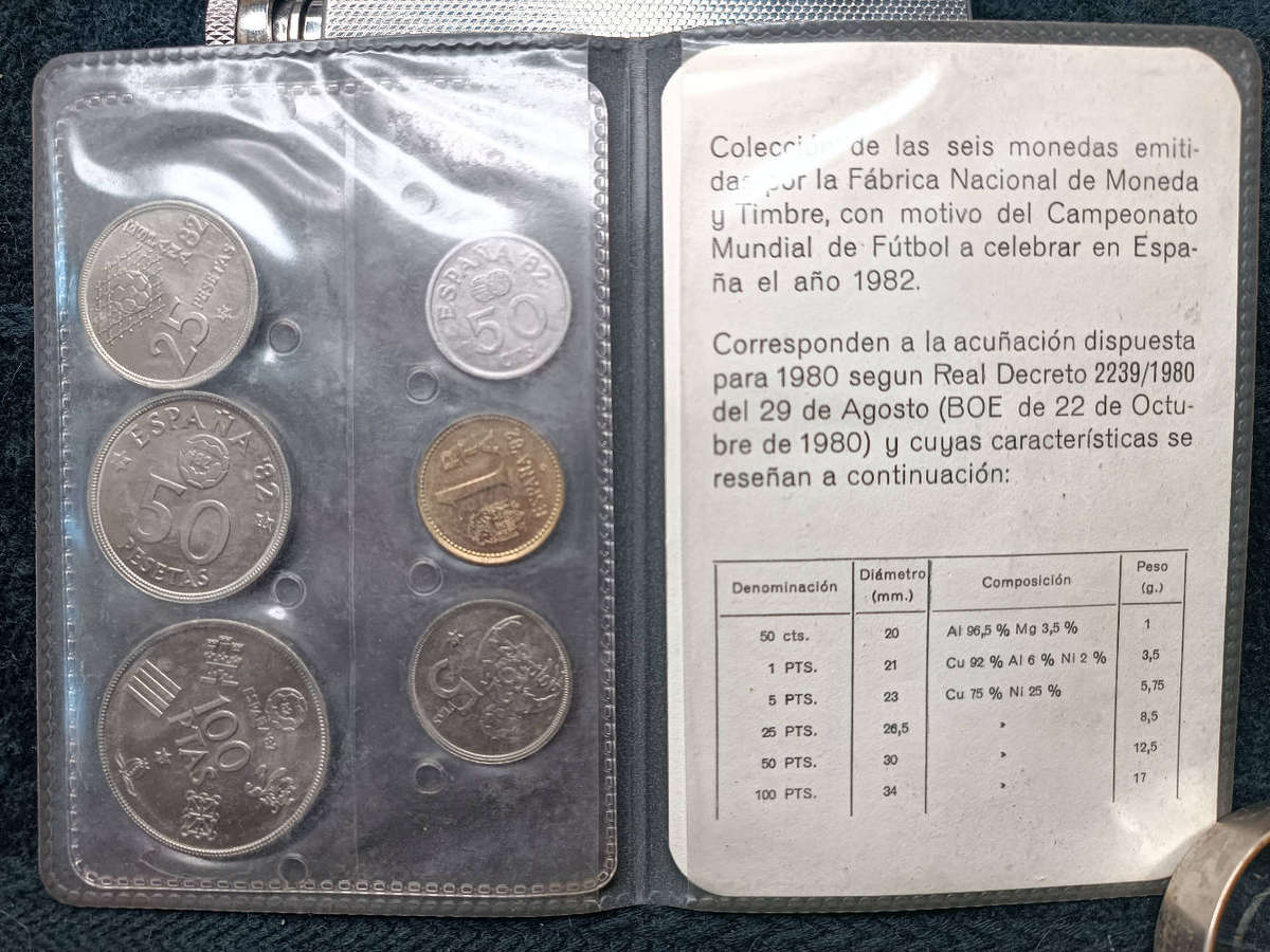Six Spanish peseta coins issued by the Fábrica Nacional de Moneda y Timbre 1982 FIFA World Cup Spain