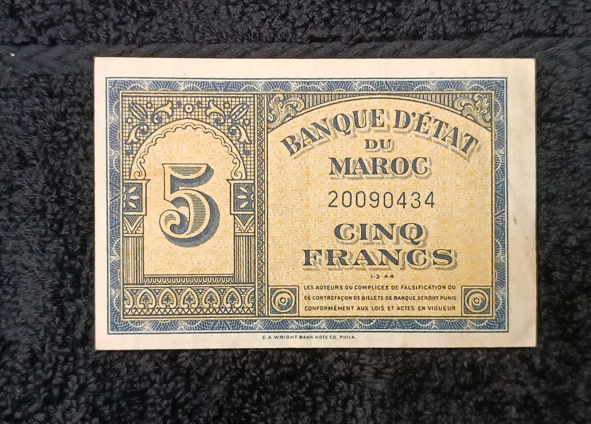 Banknote Morocco 5 francs 1944 ww2 currency