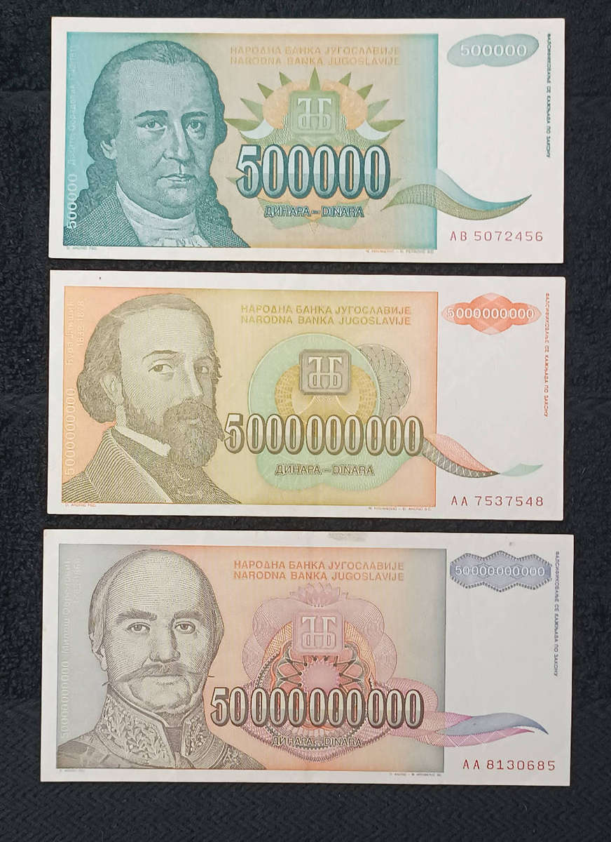 Banknotes x 3 Yugoslavia  Dinara 1993 Hyperinflation Currency Money