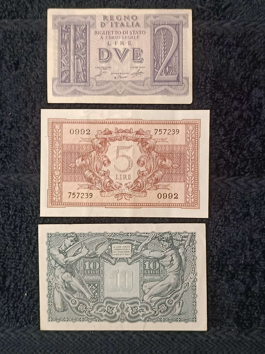 Banknotes x 3 Italian lira 2,5,10 ww2 1939-1944