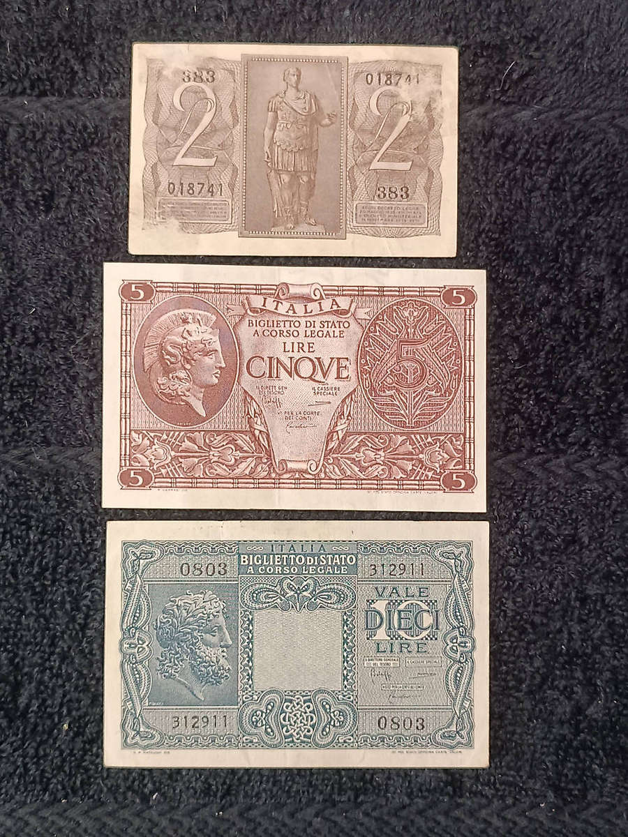 Banknotes x 3 Italian lira 2,5,10 ww2 1939-1944