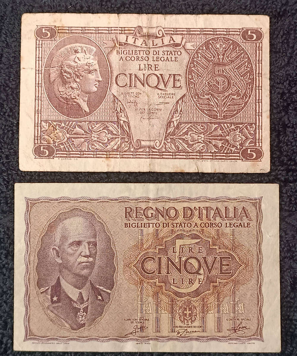 Banknotes x 2 different kingdom of Italy 5 lira 1940s