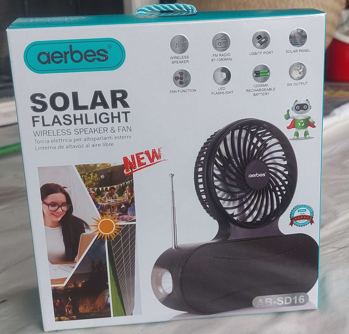 Aerbes solar fan with wireless radio and USB connectivity