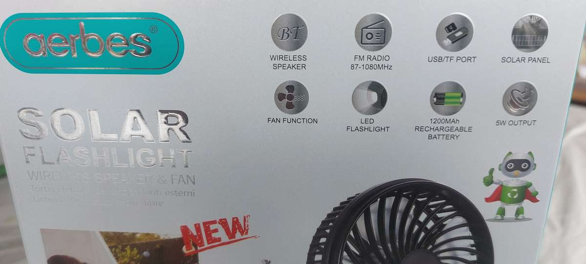 Aerbes solar fan with wireless radio and USB connectivity