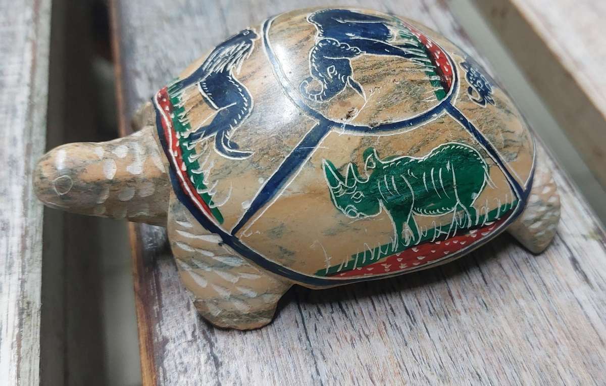 vintage hand painted big 5 carved stone turtle.