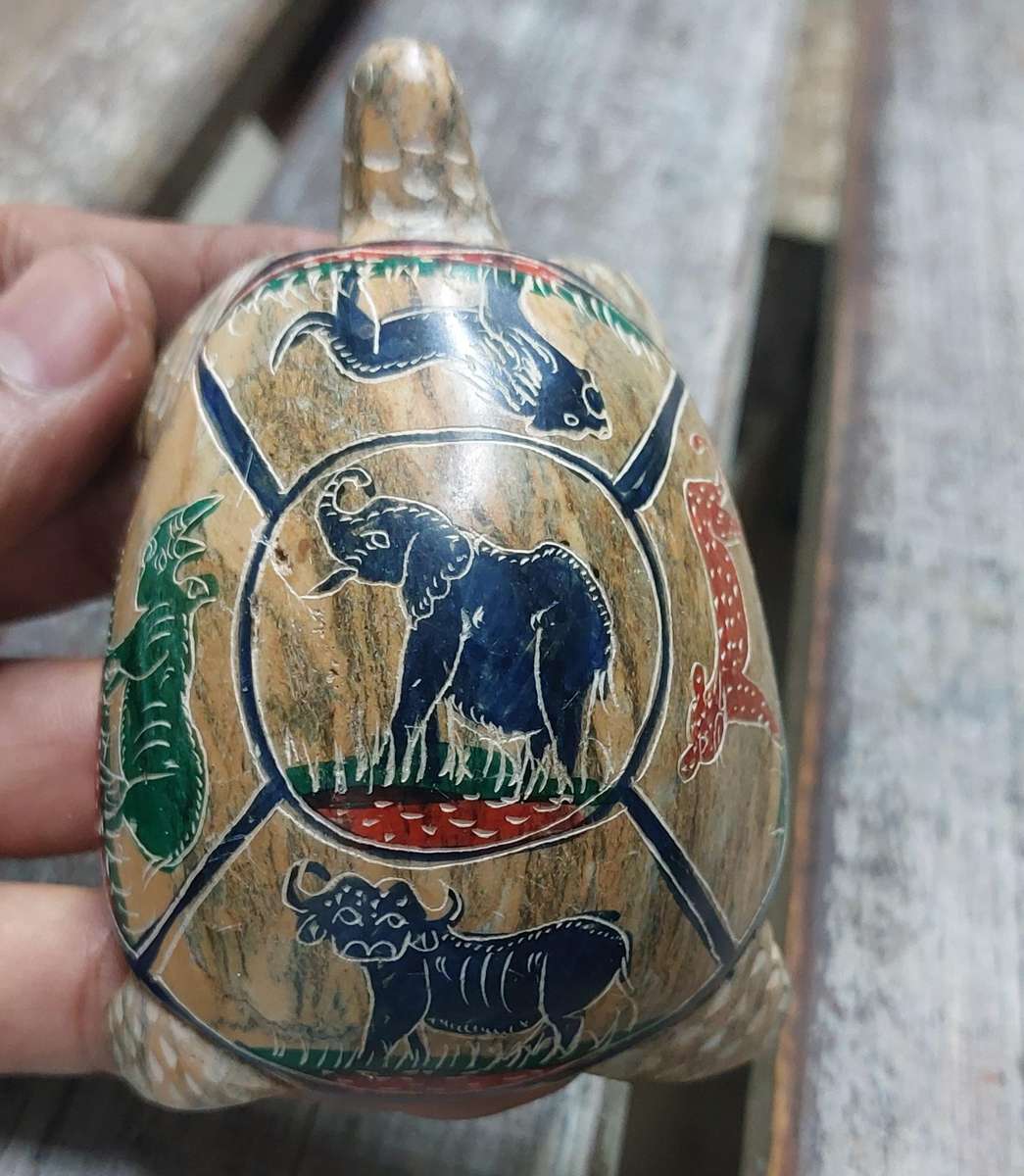 vintage hand painted big 5 carved stone turtle.