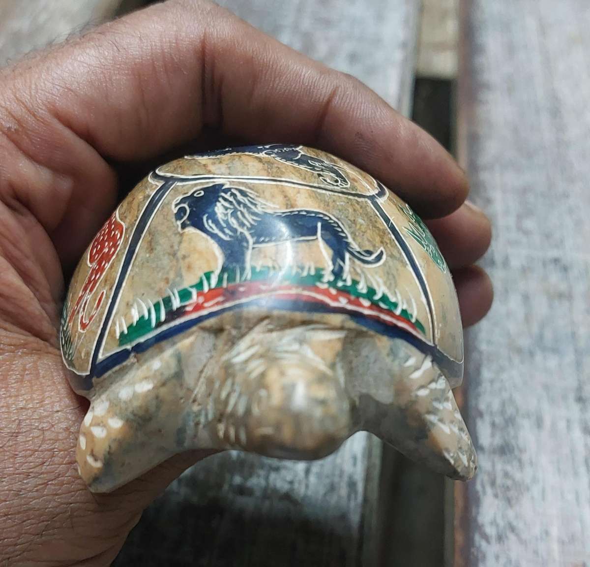 vintage hand painted big 5 carved stone turtle.