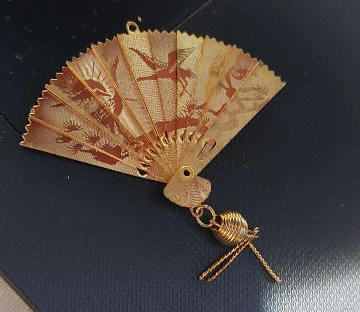 vintage Chinese phoenix and crane etched folding fan pendant