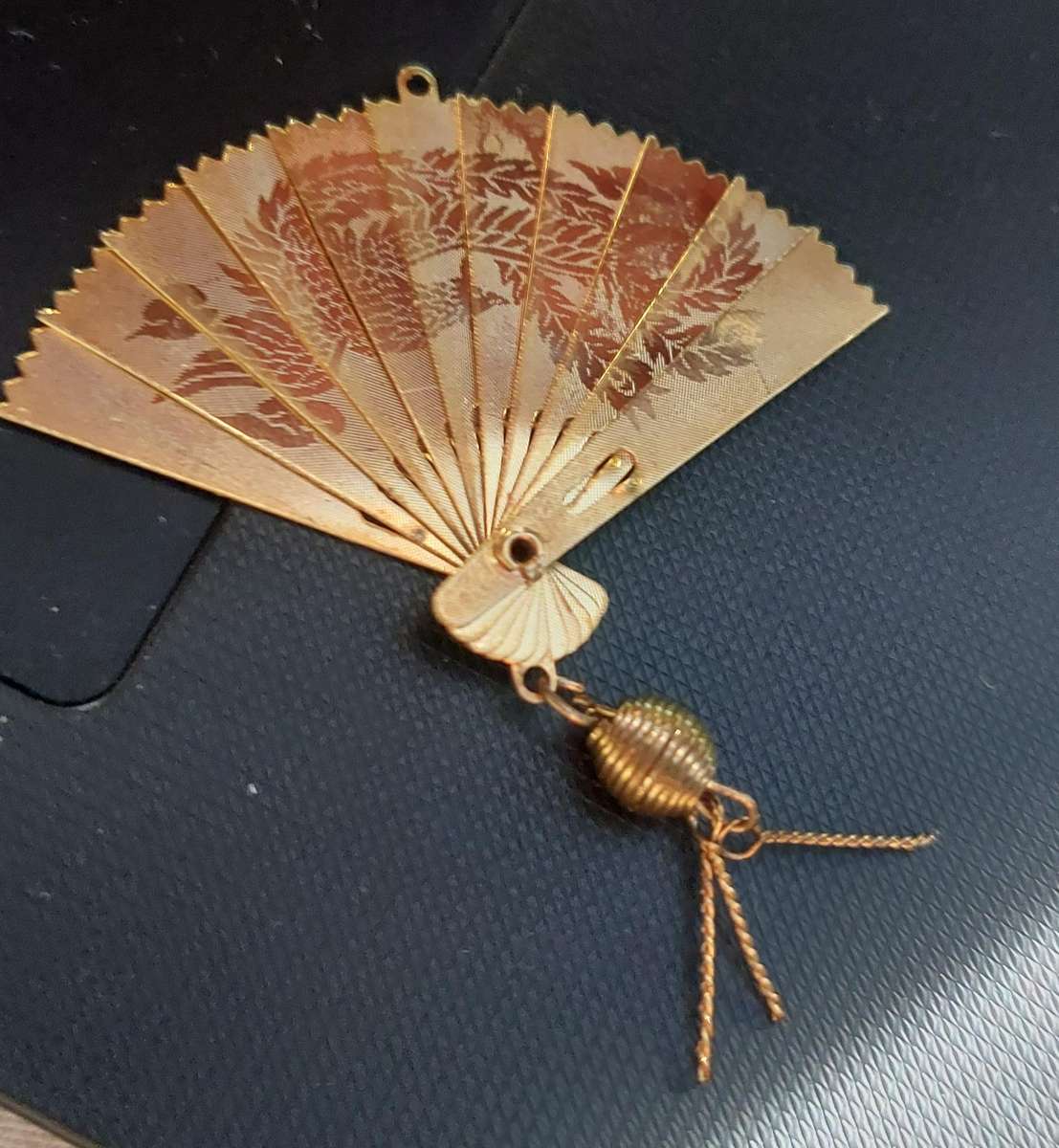 vintage Chinese phoenix and crane etched folding fan pendant