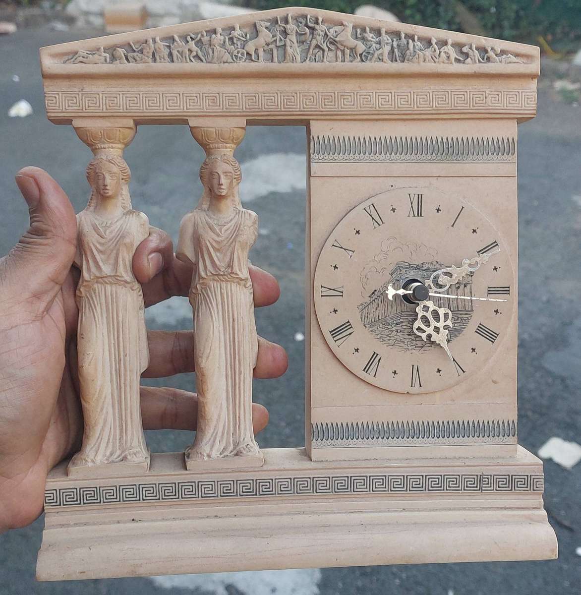 Rare High Quality Alabaster Mantel Clock with 2 Carved KARYATIS Ancient Greek