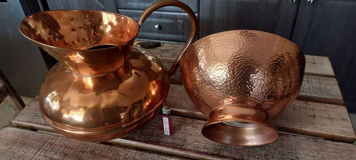 2 x very big and heavy solid copper jug and dish