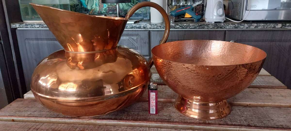 2 x very big and heavy solid copper jug and dish
