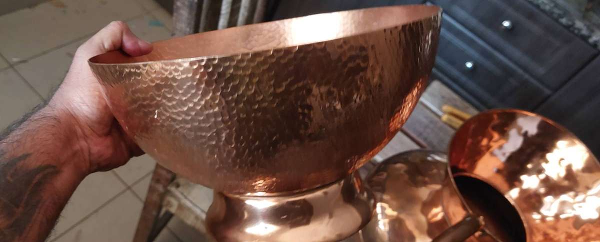 2 x very big and heavy solid copper jug and dish