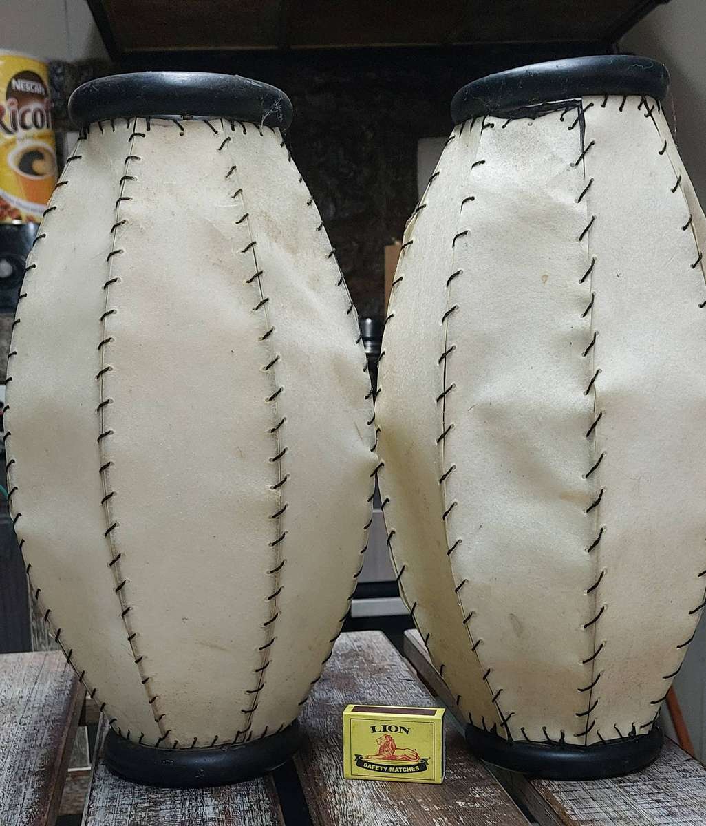 2x stretched hide leather lamp or lantern