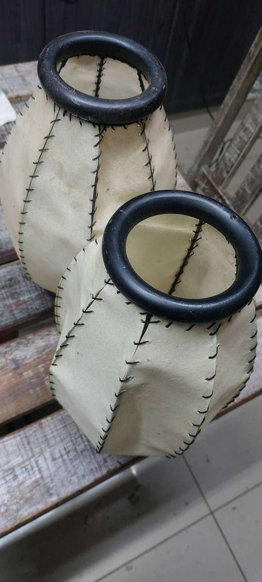 2x stretched hide leather lamp or lantern