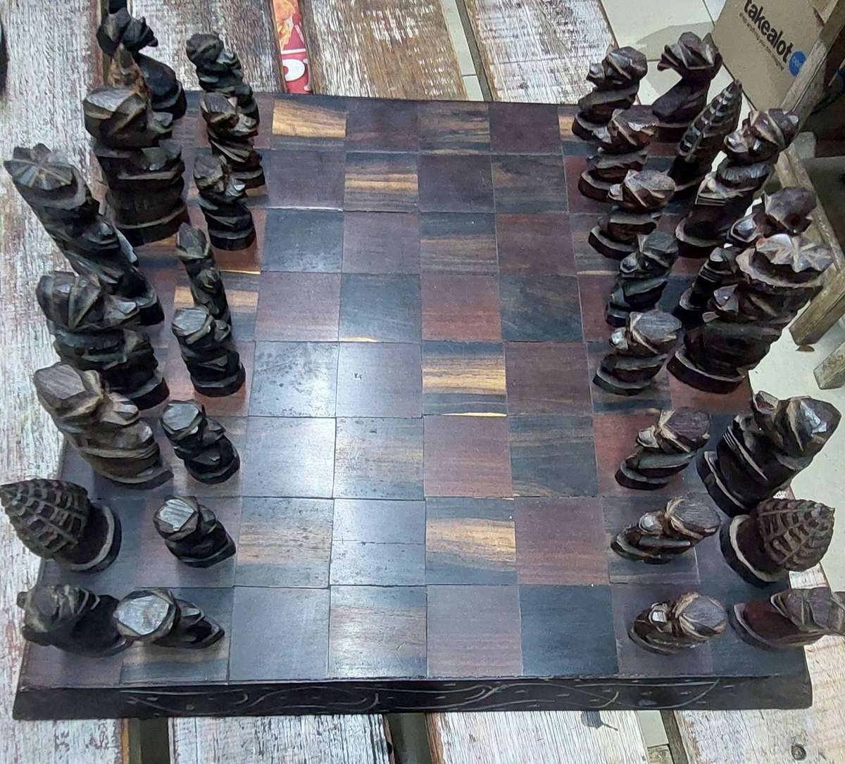 Vintage carved wooden chess set weight over 3 kgs
