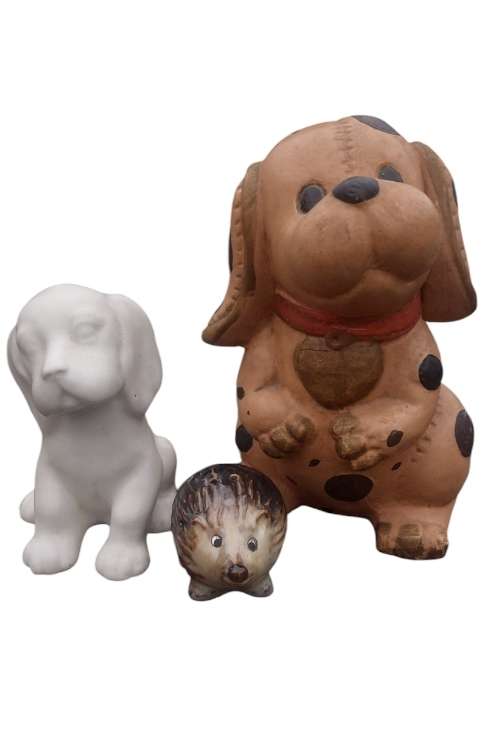 VINTAGE DOG ORNAMENTS HEDJOG SALT SHAKER BROWN DOD IS A BANK TIN