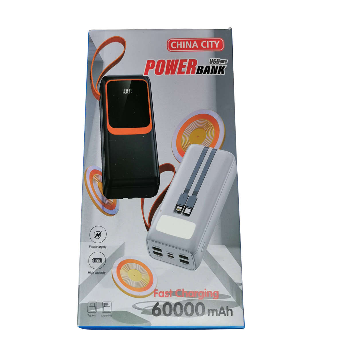 60,000mAh Ultra High-Capacity Powerbank with Built-in Cables & LED Display