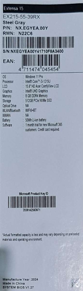 Acer Extensa i3 1235U 8GB 512GB SSD 15.6" FHD W11 Professional