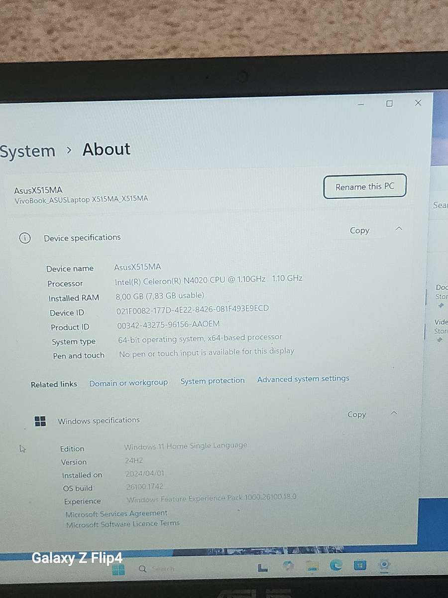 Asus X515M Intel Celeron N4020 256NVMe 8gig Ram Windows 11 24h2