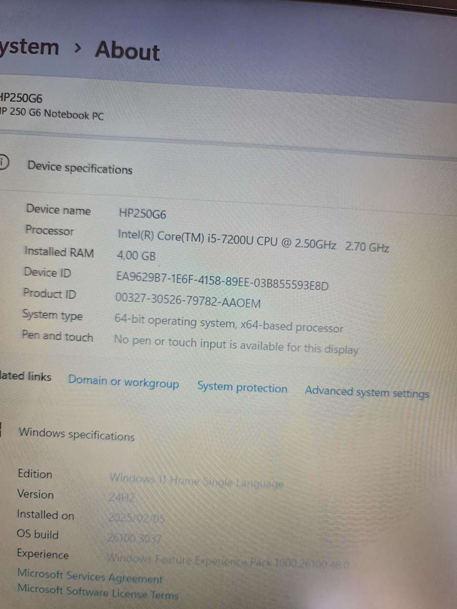 HP250G6 CORE I5 7TH GEN 256GIG SSD 4GIG RAM WINDOWS 11_24H2