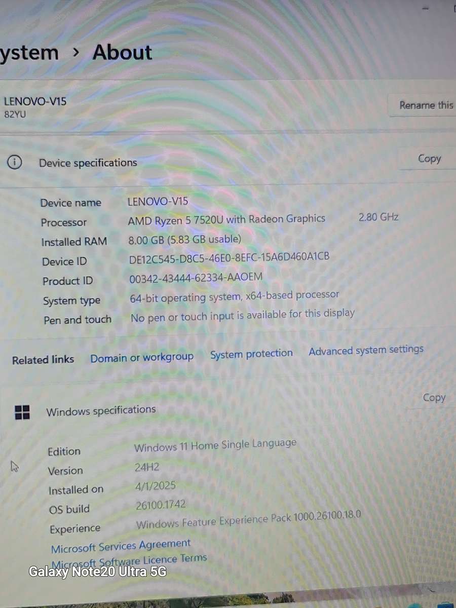 LENOVO V15 G4 AMD RYZEN 5 RADEON GRAPHICS 512GIG NVME 8GIG RAM WINDOWS 11 24H2