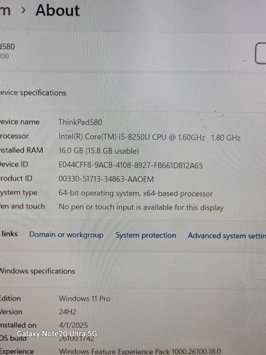 LENOVO THINKPAD T580 CORE I5 8TH GEN 256SSD 16GIG RAM DUAL BATTERY WINDOWS 11 24H2