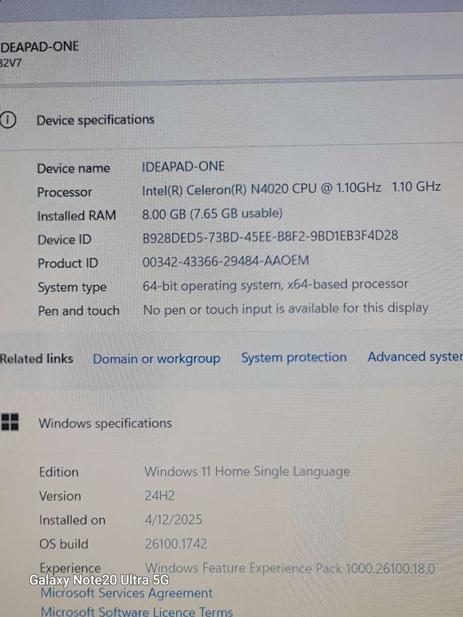 LENOVO IDEAPAD ONE INTEL CELERON N4020 256GIG NVME 8GIG RAM WINDOWS 11 24H2