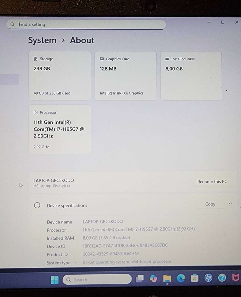 Hp15s CORE I7 11TH GEN 256NVME 8GIG RAM MICROSOFT WINDOWS 11 PRO 24H2