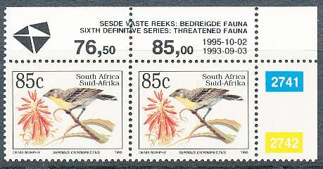 RSA -  1995  -  Endangered Fauna ADDITIONAL VALUE  - FINE  MINT  PAIR