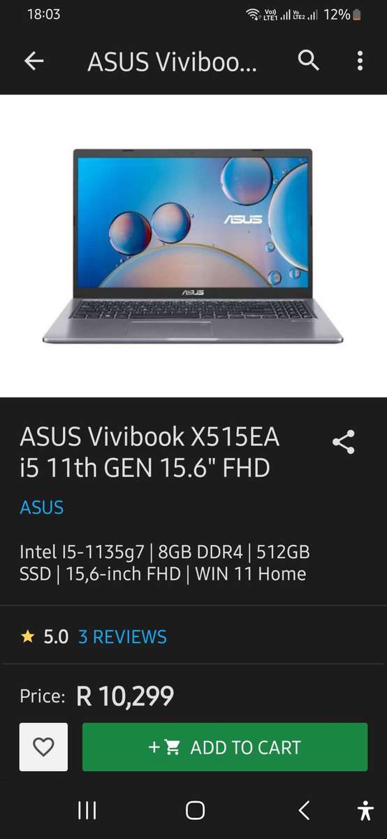 Asus Laptop i5 11th GEN 15.6" FHD