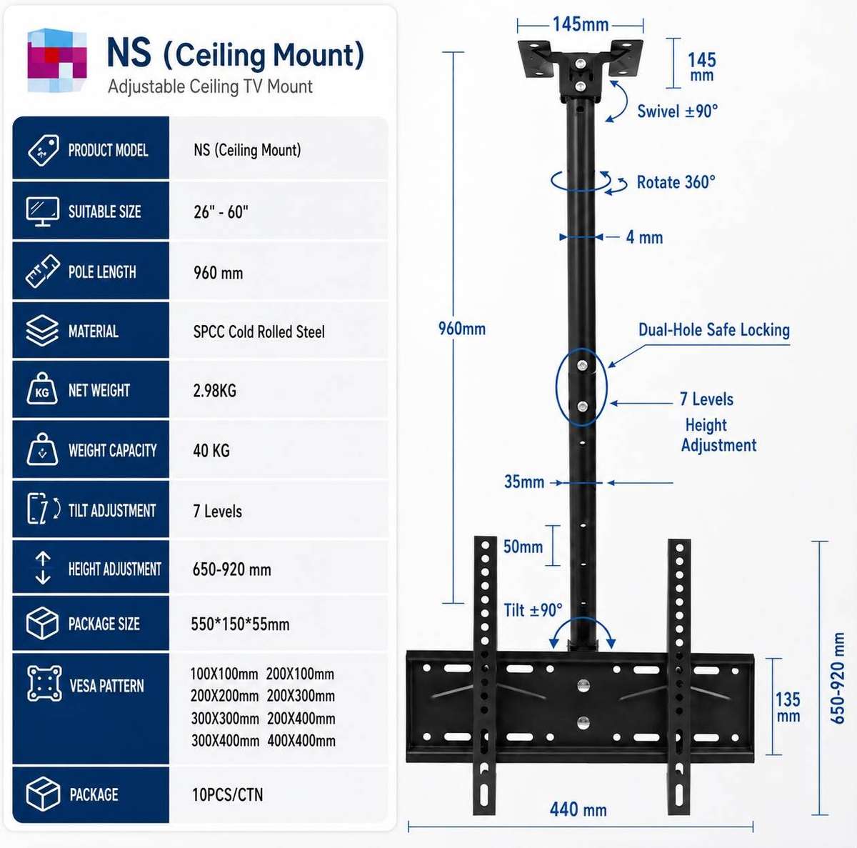 LZ 26-60 Inch Adjustable Ceiling TV Mount