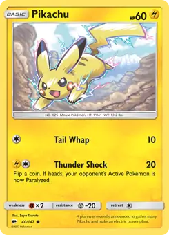 Pokemon Card - Pikachu 40/147 - Common - Burning Shadows 2017 - NM
