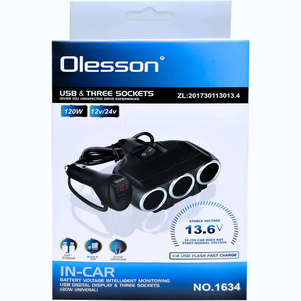 Olesson 12-24V Single USB Input 120W 80cm Cable 3-Way Car Cigarette Lighter Splitter with Digit